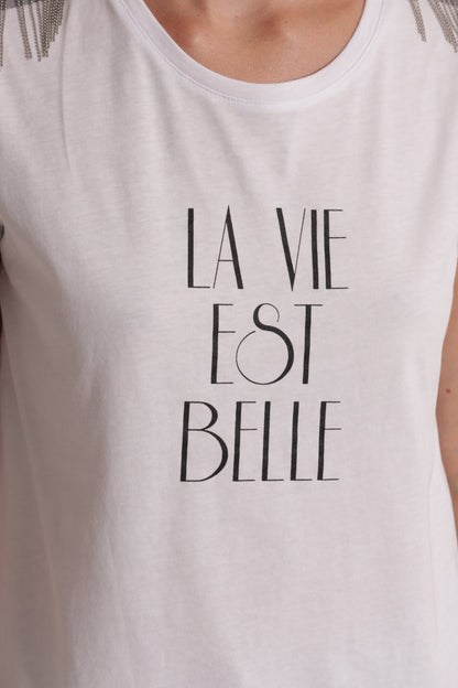 T-SHIRT "LA VIE EST BELLE" CON DETTAGLI FRANGE