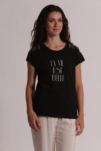 T-SHIRT "LA VIE EST BELLE" CON DETTAGLI FRANGE