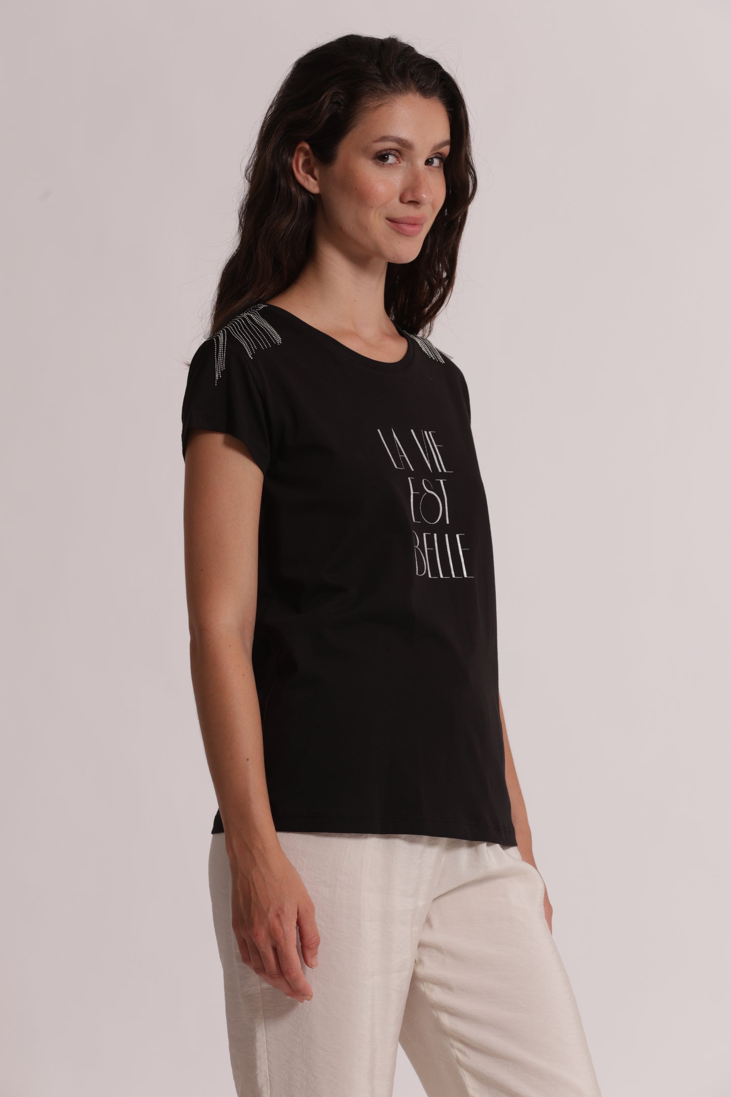 T-SHIRT "LA VIE EST BELLE" CON DETTAGLI FRANGE