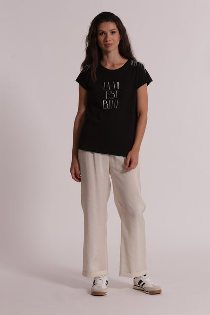 T-SHIRT "LA VIE EST BELLE" CON DETTAGLI FRANGE