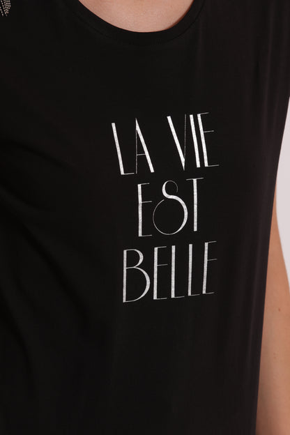 T-SHIRT "LA VIE EST BELLE" CON DETTAGLI FRANGE