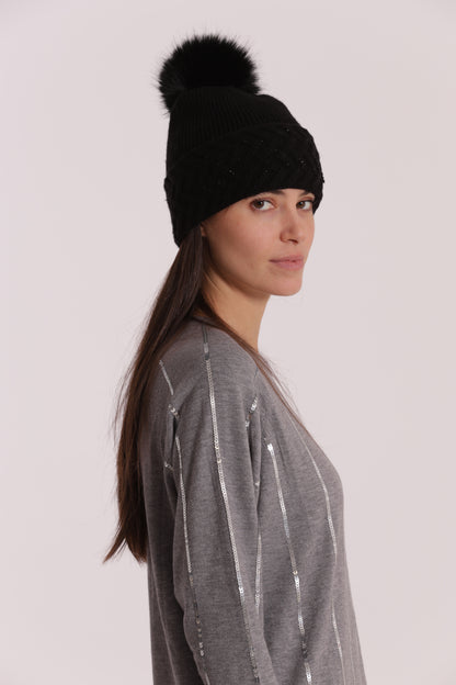 BERRETTO CON STRASS A ZIG ZAG E PON PON