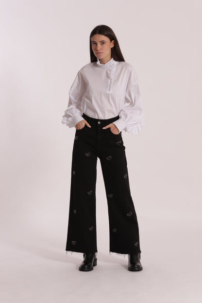 JEANS WIDE LEG CROPPED CON CUORI RICAMATI