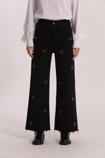 JEANS WIDE LEG CROPPED CON CUORI RICAMATI