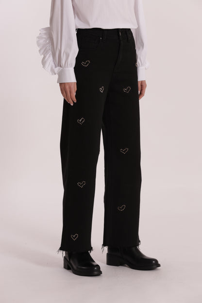 JEANS WIDE LEG CROPPED CON CUORI RICAMATI