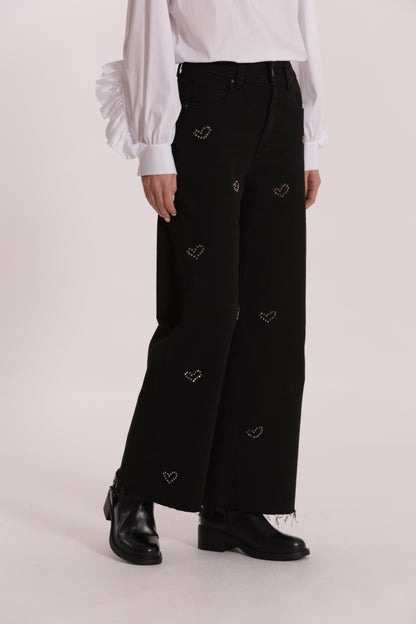 JEANS WIDE LEG CROPPED CON CUORI RICAMATI