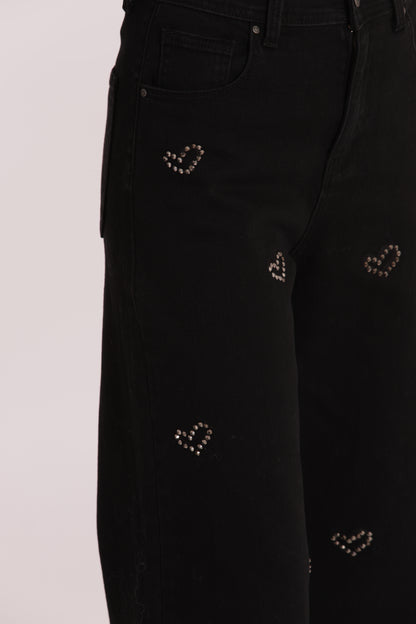 JEANS WIDE LEG CROPPED CON CUORI RICAMATI