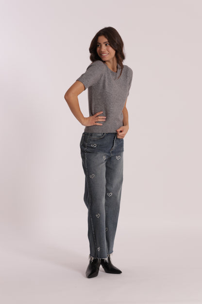 JEANS WIDE LEG CROPPED CON CUORI RICAMATI