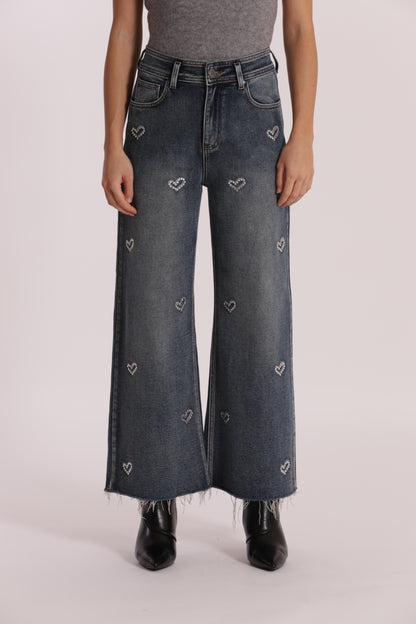 JEANS WIDE LEG CROPPED CON CUORI RICAMATI