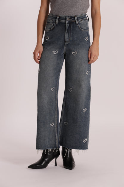 JEANS WIDE LEG CROPPED CON CUORI RICAMATI