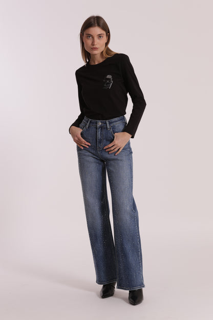 JEANS WIDE LEG CON STRASS TRASPARENTI