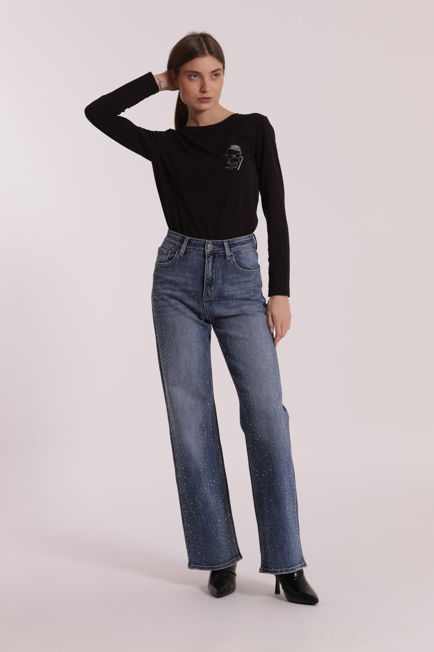 JEANS WIDE LEG CON STRASS TRASPARENTI