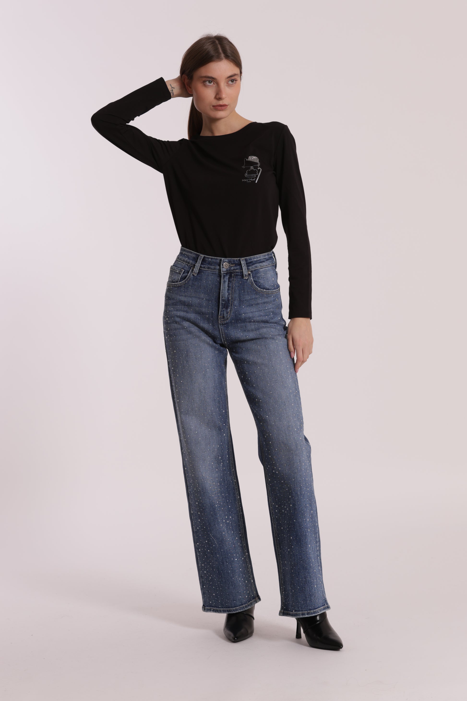 JEANS WIDE LEG CON STRASS TRASPARENTI