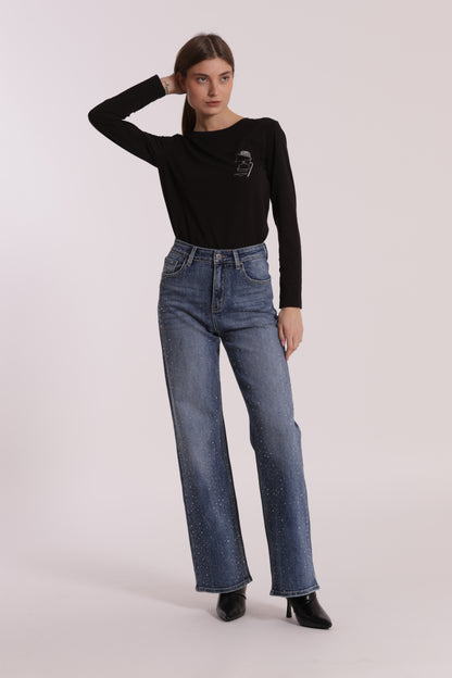 JEANS WIDE LEG CON STRASS TRASPARENTI