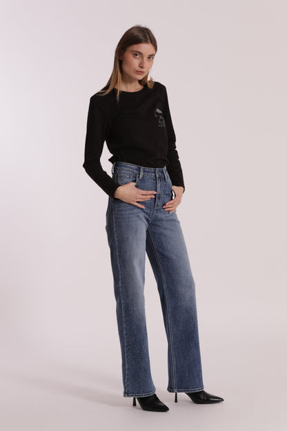 JEANS WIDE LEG CON STRASS TRASPARENTI