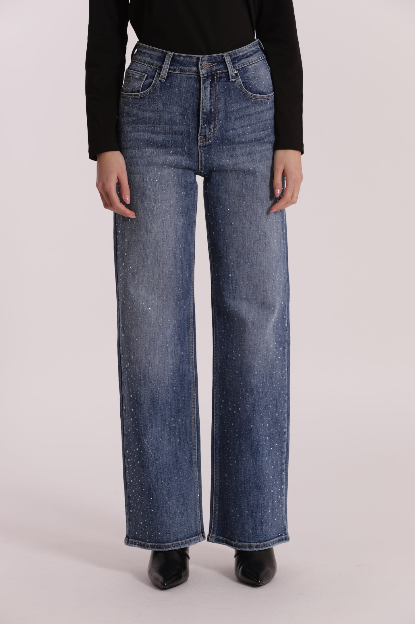 JEANS WIDE LEG CON STRASS TRASPARENTI