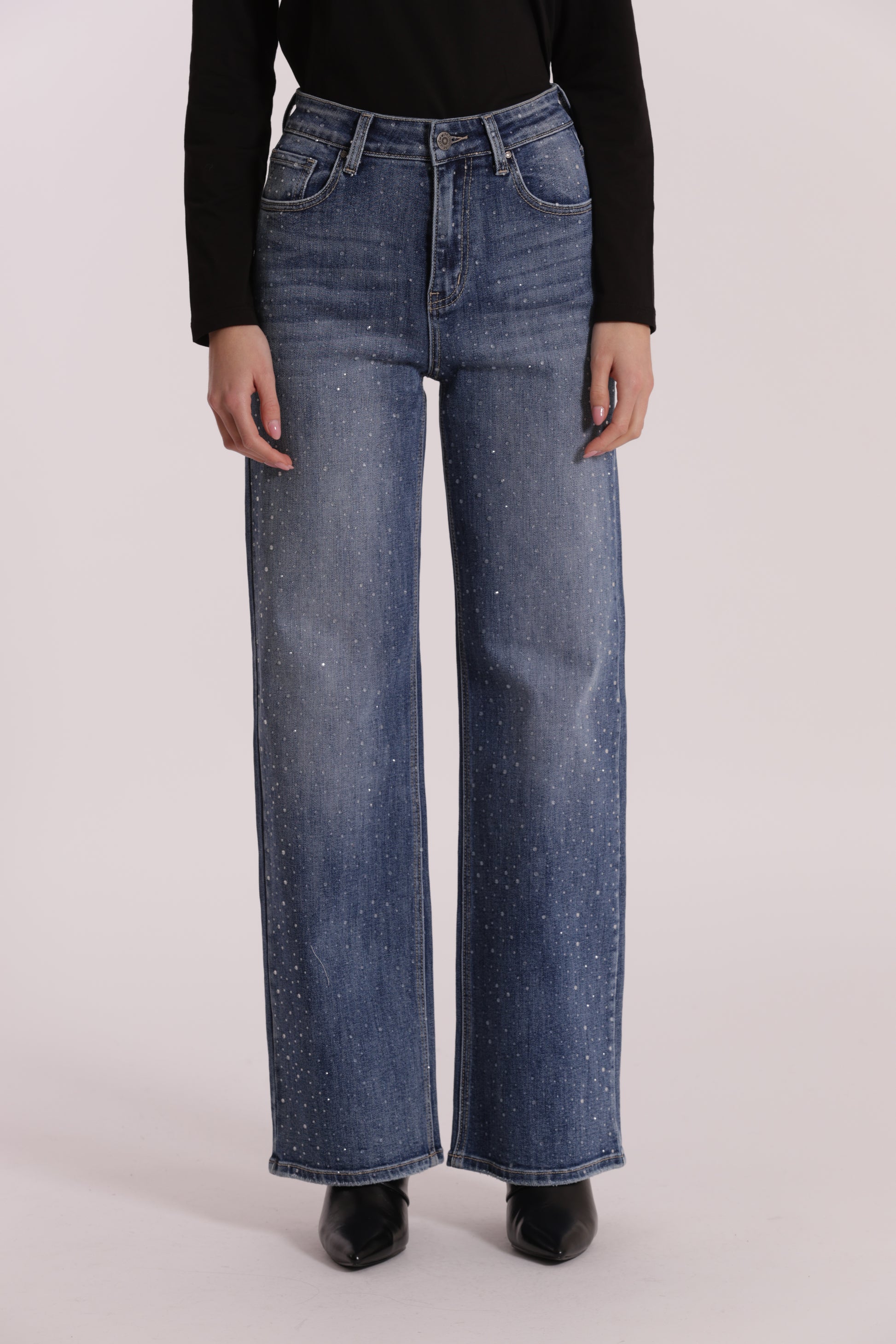 JEANS WIDE LEG CON STRASS TRASPARENTI