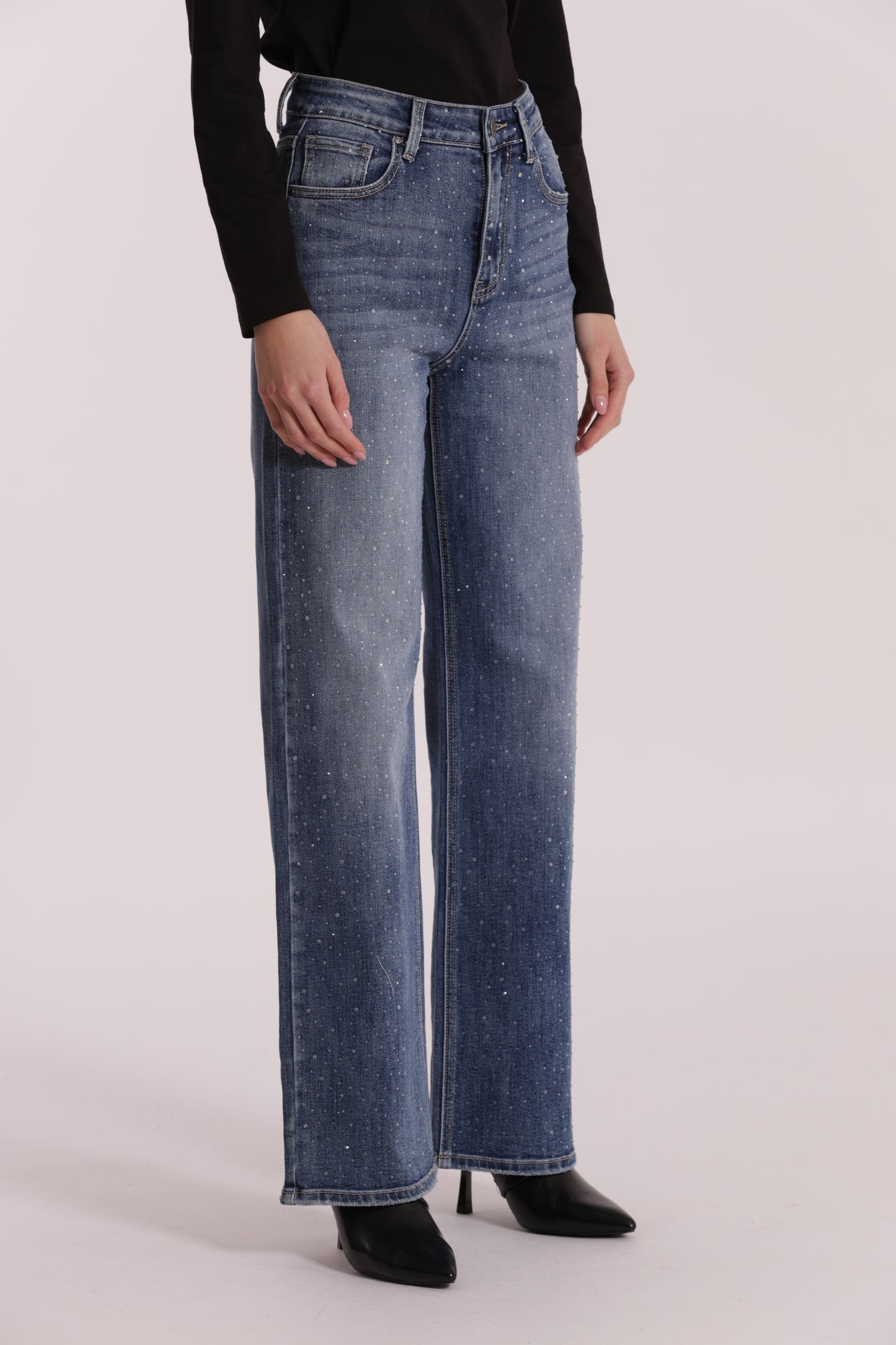 JEANS WIDE LEG CON STRASS TRASPARENTI