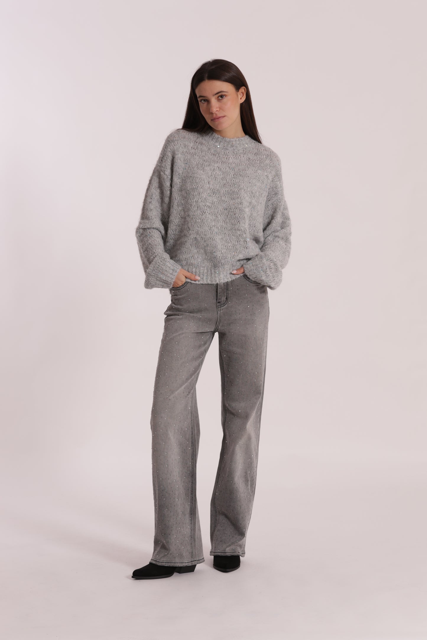 JEANS WIDE LEG CON STRASS TRASPARENTI