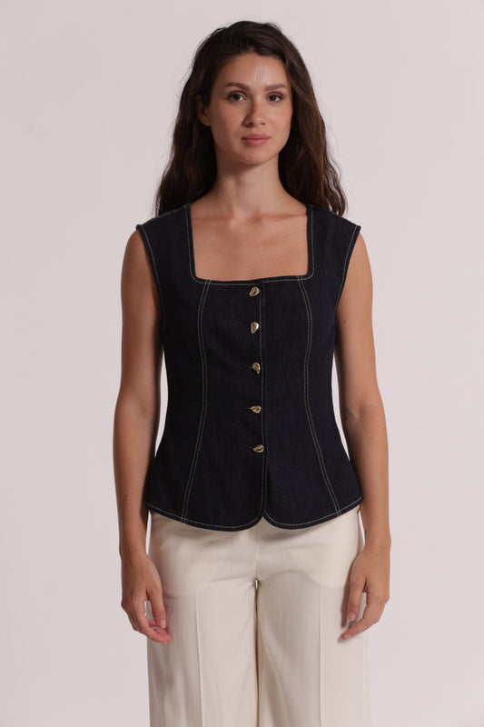 GILET IN DENIM CON BOTTONI ORO