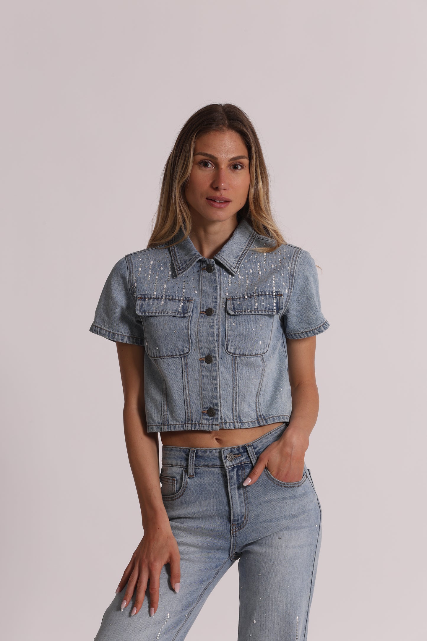 GIACCA CROPPED IN DENIM CON PIOGGIA DI STRASS