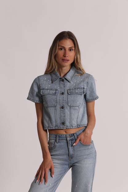 GIACCA CROPPED IN DENIM CON PIOGGIA DI STRASS