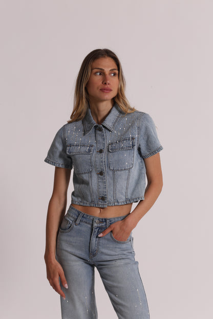 GIACCA CROPPED IN DENIM CON PIOGGIA DI STRASS