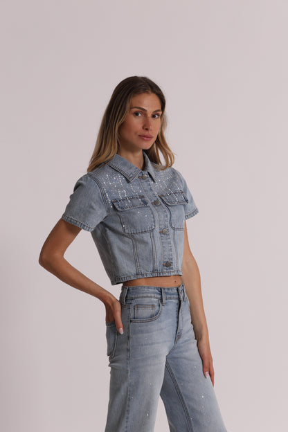 GIACCA CROPPED IN DENIM CON PIOGGIA DI STRASS