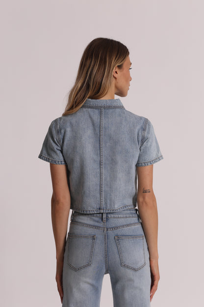 GIACCA CROPPED IN DENIM CON PIOGGIA DI STRASS