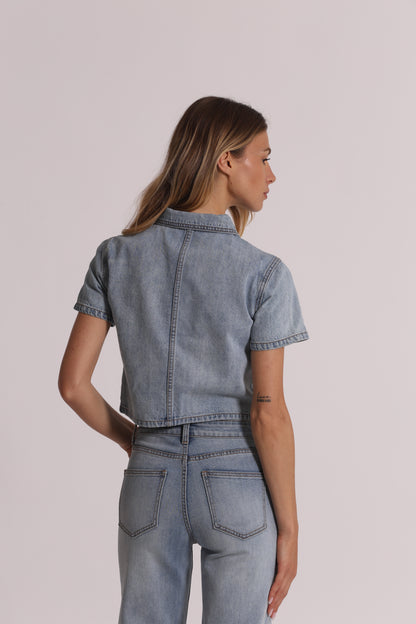 GIACCA CROPPED IN DENIM CON PIOGGIA DI STRASS