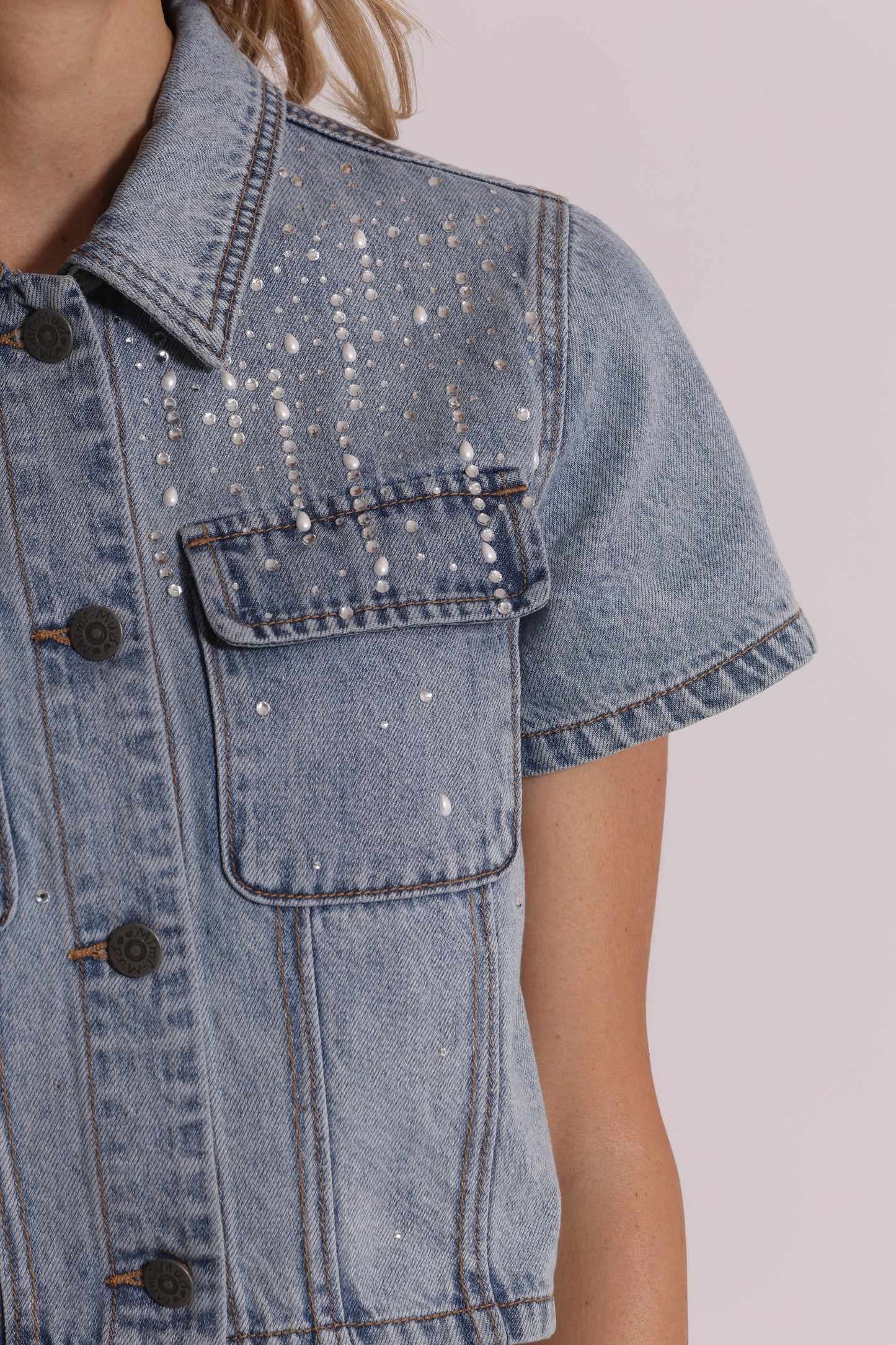 GIACCA CROPPED IN DENIM CON PIOGGIA DI STRASS