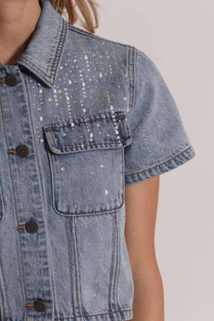 GIACCA CROPPED IN DENIM CON PIOGGIA DI STRASS