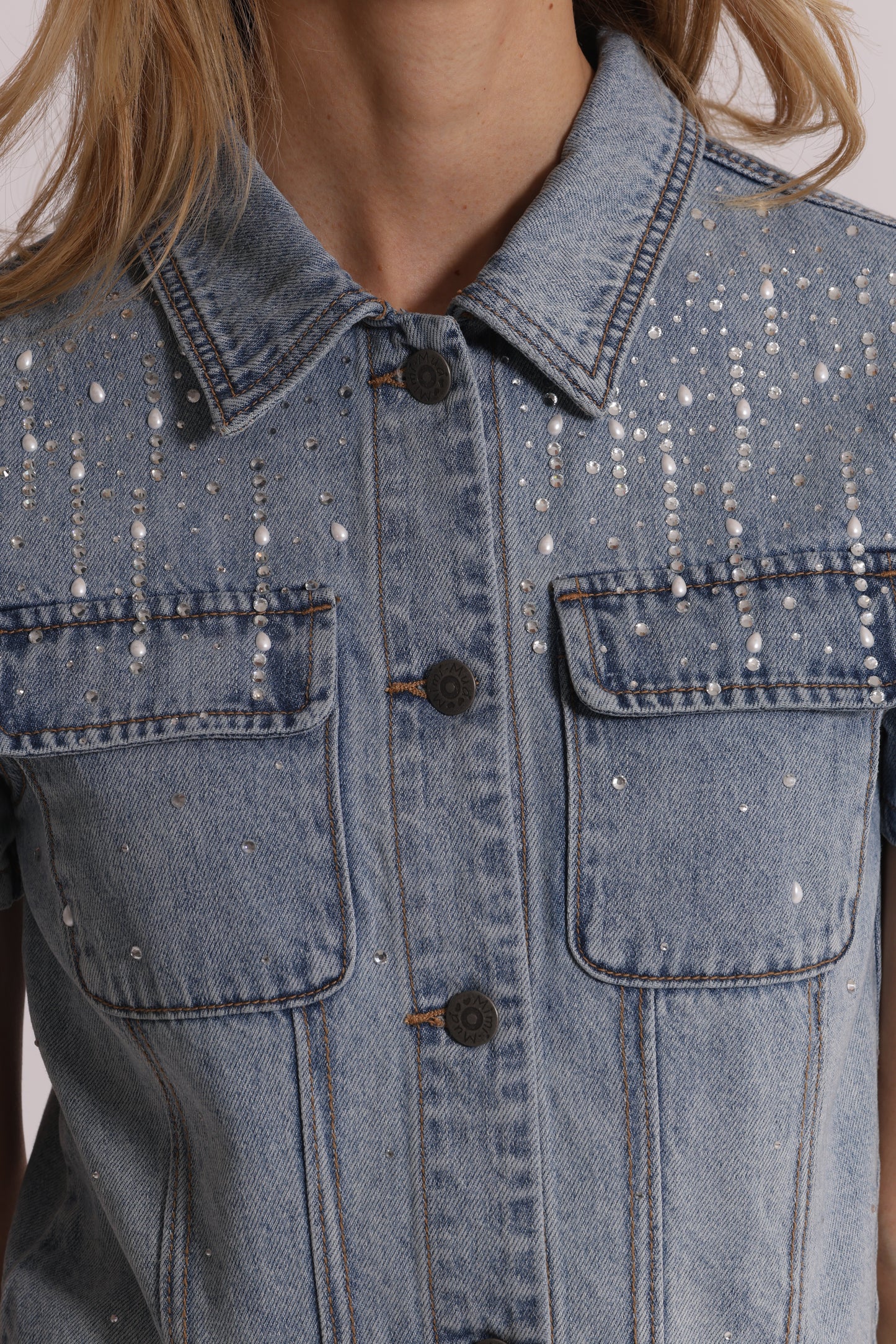 GIACCA CROPPED IN DENIM CON PIOGGIA DI STRASS