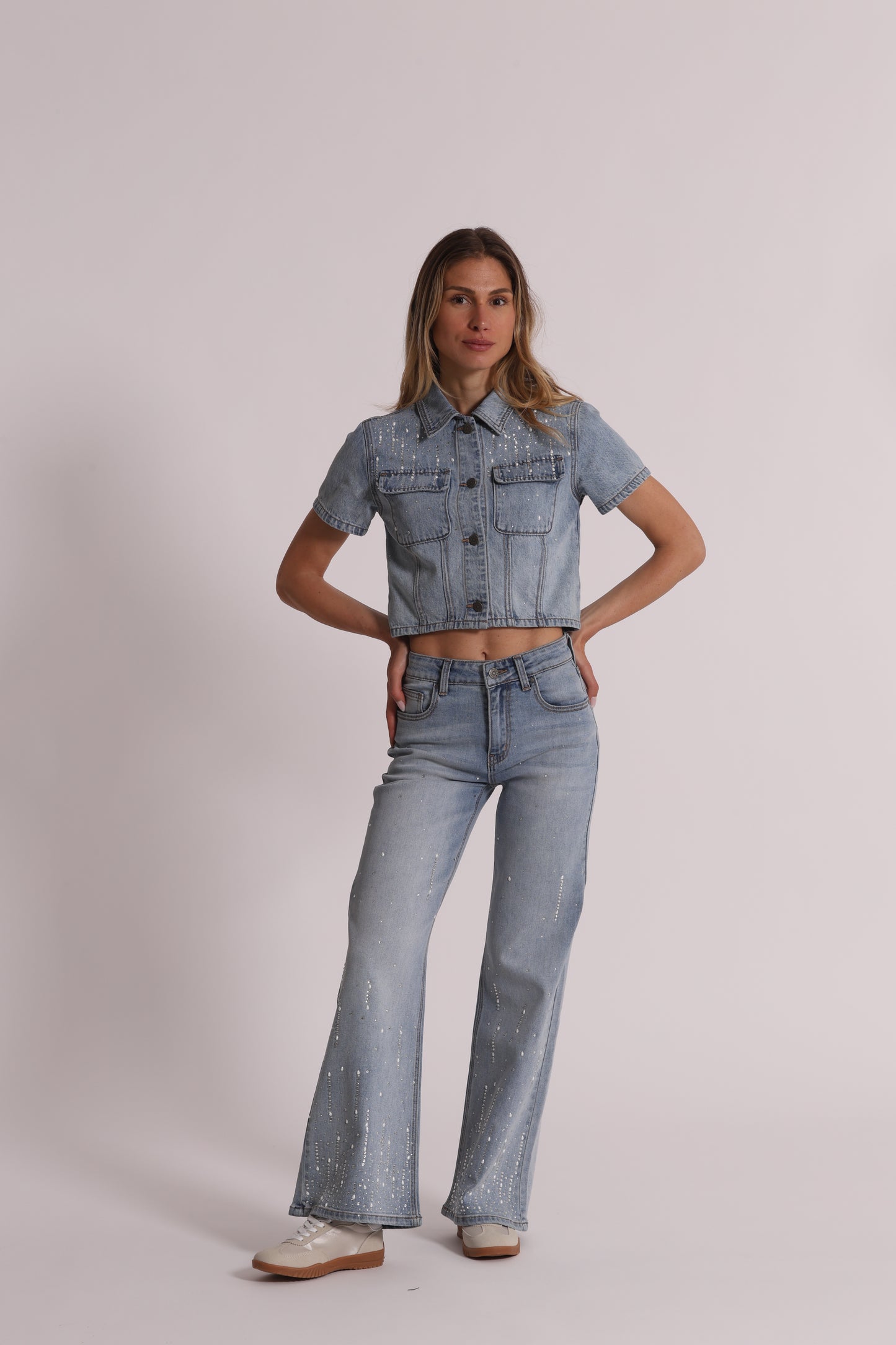 GIACCA CROPPED IN DENIM CON PIOGGIA DI STRASS