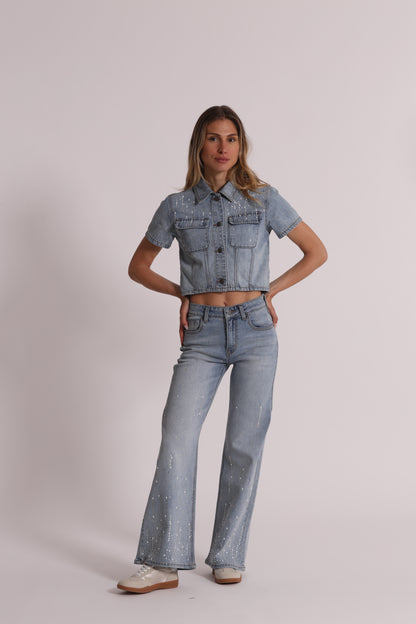 GIACCA CROPPED IN DENIM CON PIOGGIA DI STRASS
