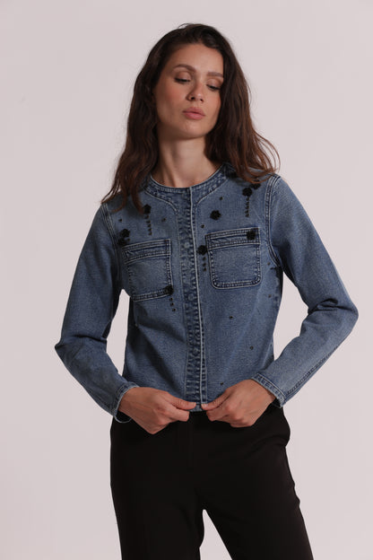 GIACCA CROPPED IN DENIM CON APPLICAZIONI FLOREALI