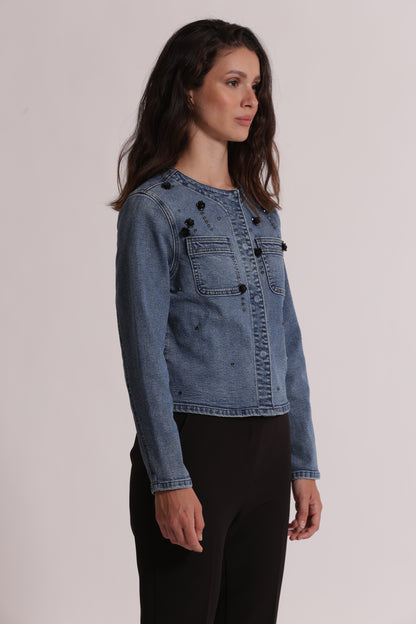 GIACCA CROPPED IN DENIM CON APPLICAZIONI FLOREALI
