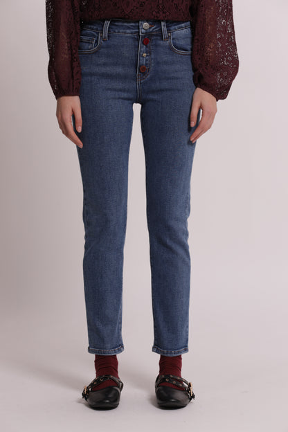 JEANS SIGARETTA CON BOTTONI VELLUTO E GIOIELLO