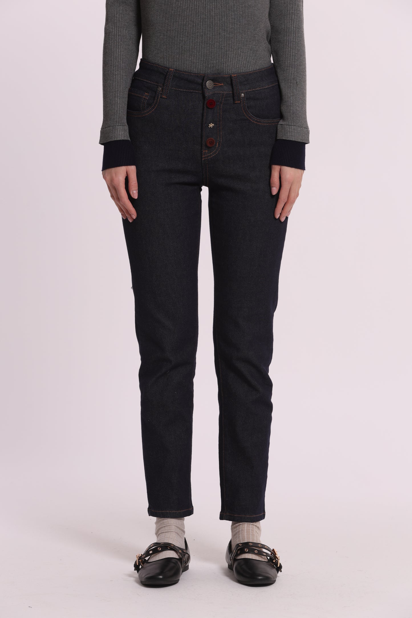 JEANS SIGARETTA CON BOTTONI VELLUTO E GIOIELLO