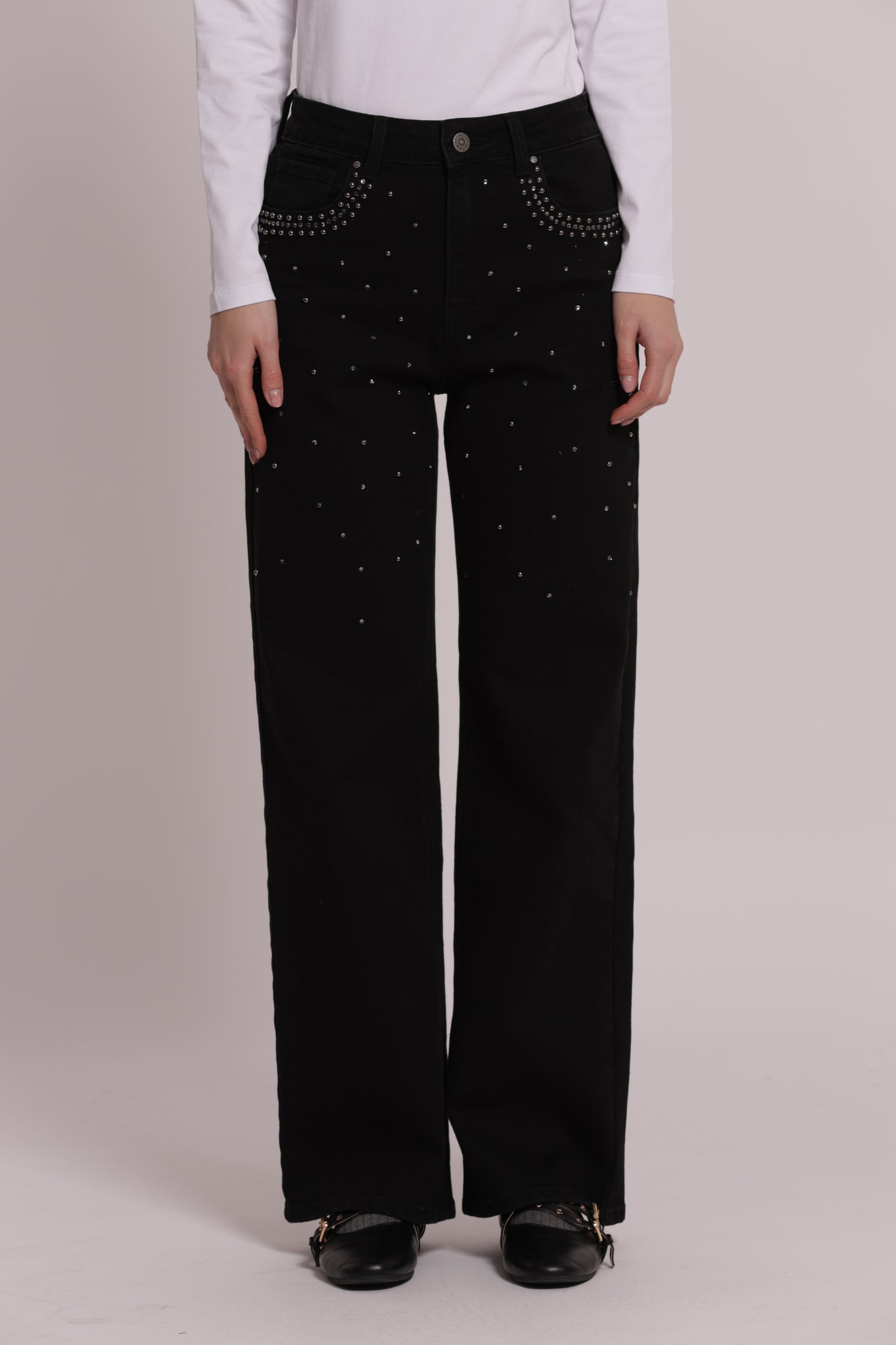 JEANS WIDE LEG CON BORCHIE E STRASS SULLE TASCHE