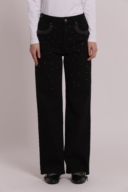 JEANS WIDE LEG CON BORCHIE E STRASS SULLE TASCHE