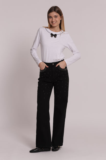 JEANS WIDE LEG CON BORCHIE E STRASS SULLE TASCHE