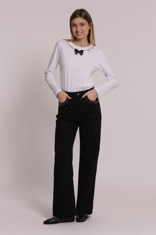 JEANS WIDE LEG CON BORCHIE E STRASS SULLE TASCHE