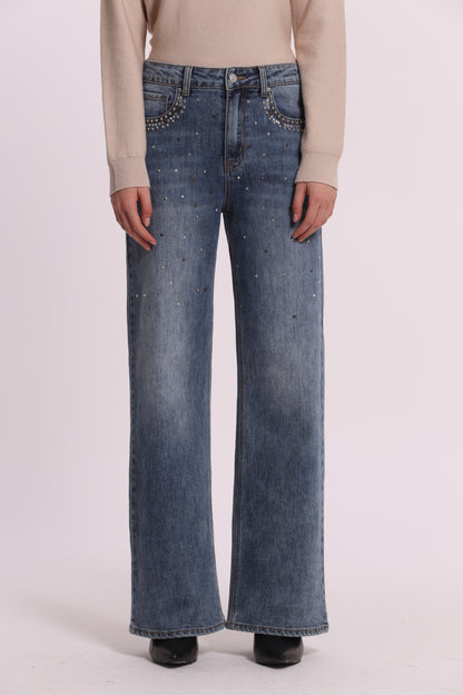 JEANS WIDE LEG CON BORCHIE E STRASS SULLE TASCHE