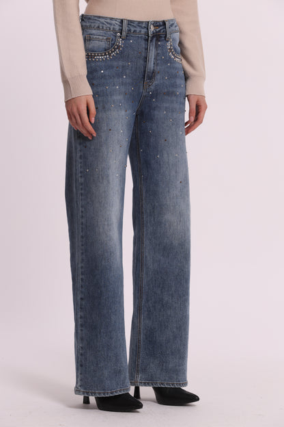 JEANS WIDE LEG CON BORCHIE E STRASS SULLE TASCHE
