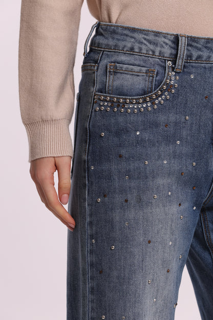 JEANS WIDE LEG CON BORCHIE E STRASS SULLE TASCHE