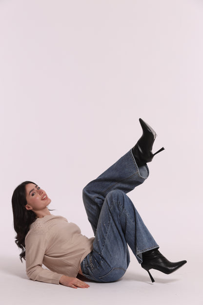 JEANS WIDE LEG CON BORCHIE E STRASS SULLE TASCHE