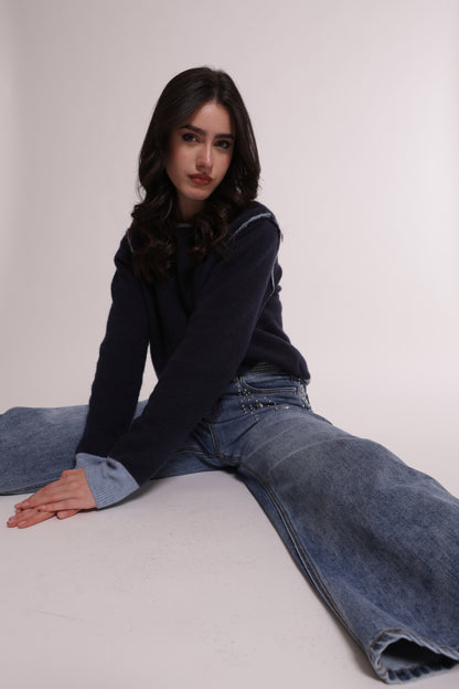 JEANS PALAZZO CON APPLICAZIONI LATERALI