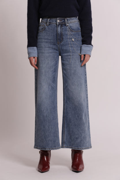 JEANS PALAZZO CON APPLICAZIONI LATERALI