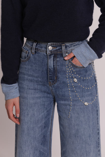 JEANS PALAZZO CON APPLICAZIONI LATERALI